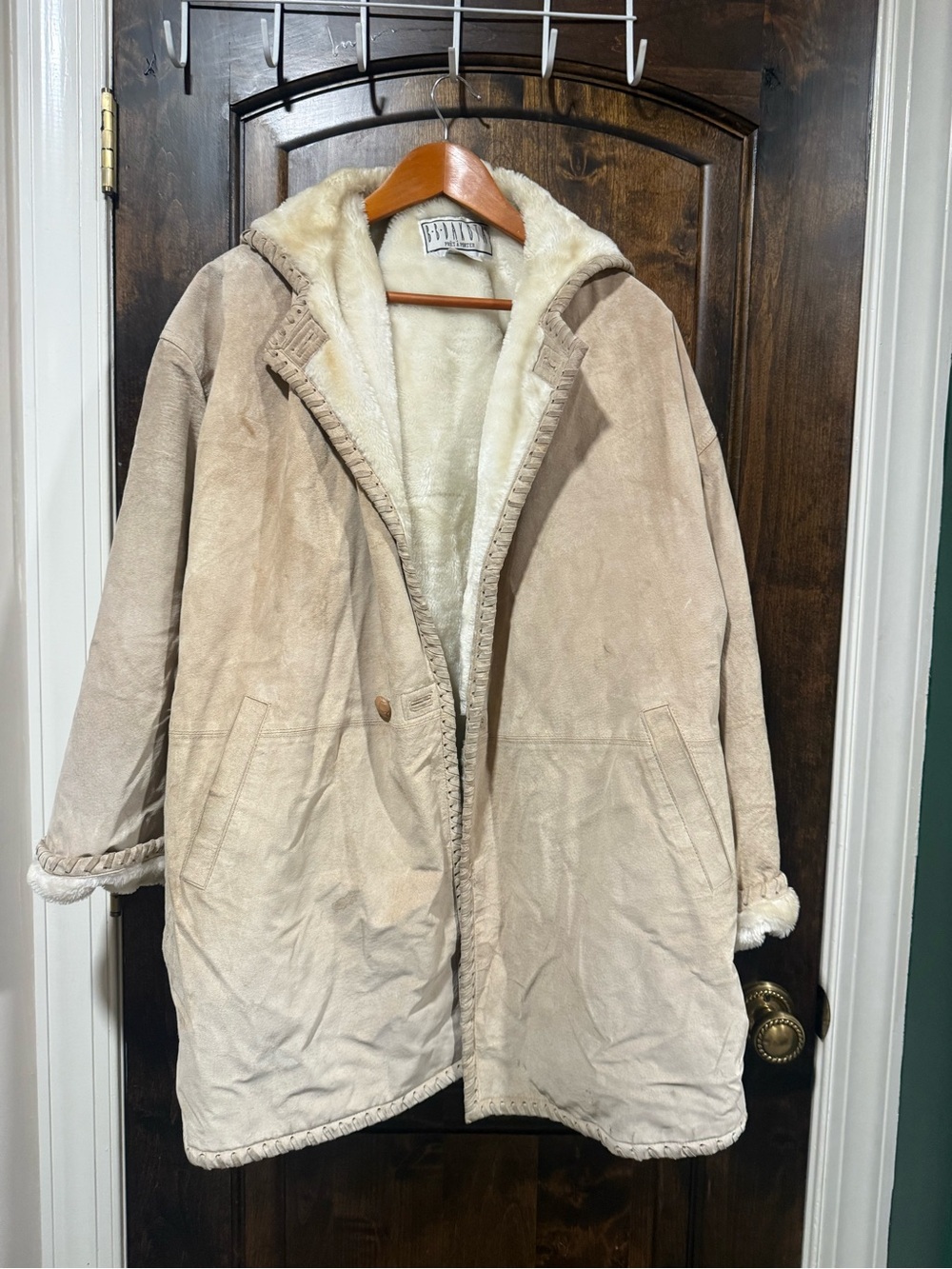 VINTAGE PARIS hand embroidered Faux-Shearling Hooded Coat in Cream - Billini